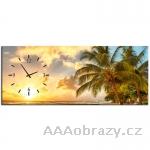 Obraz s hodinami 100x40cm - palma, moe a zpad slunce