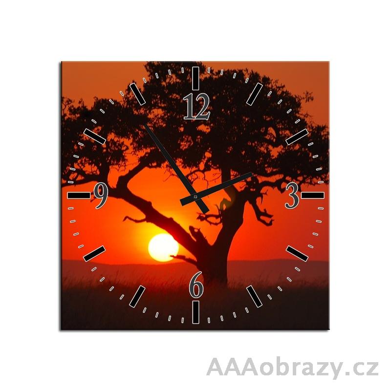 Obraz s hodinami 30x30cm vzor strom a zpad slunce