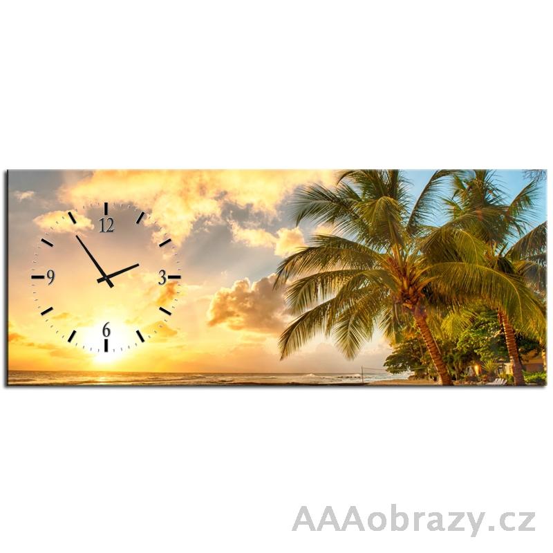 Obraz s hodinami 100x40cm - palma, moe a zpad slunce