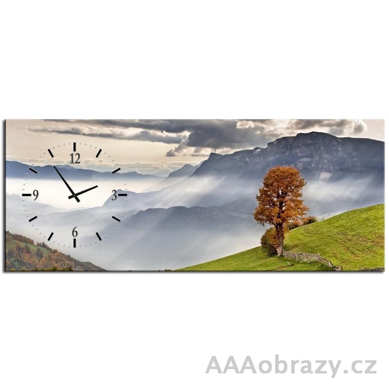 Obraz s hodinami 100x40cm - strom, hory, krajina, panorama